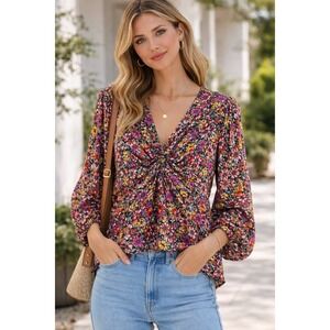 Chic Floral V Neck Twist Front Long Sleeve Blouse Women's Top